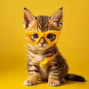 Generate a highly realistic, full-body image of a kitten wearing...