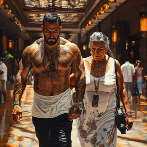 Photorealism,A sweaty tattoed muscular  man walking with his 50...
