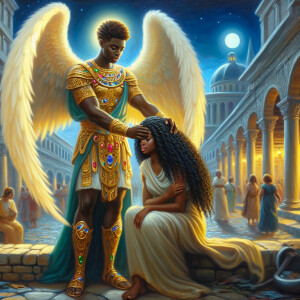 Create an oil painting image featuring a male angel and a grievi...