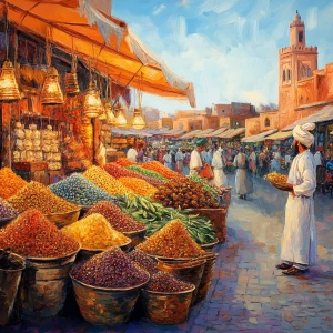 Ein malerischer orientalischer Markt in Marrakesch bei Sonnenunt...