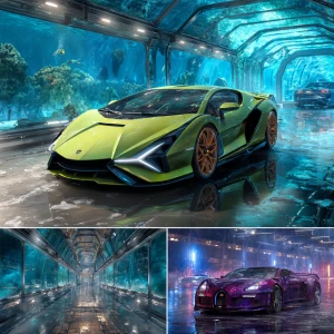 A breathtaking, high-end underwater garage bathed in shimmering...