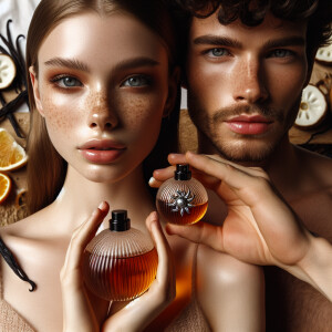 Young woman and man holding up-close of their face a bottle of p...