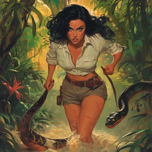 A vintage adventure illustration in the style of classic 1950s p...