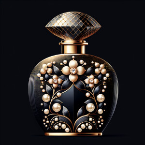 Design a fancy, black and gold bottle of perfume in the shape of a woman’s body. With a golden diamond top, flowers pearls and Diamonds in the name, Karen