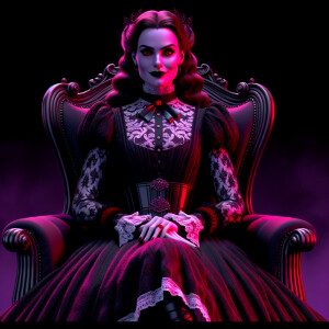 A woman named lilith wearing elegant gothic lolita dress  sitting on the thrones, red purple aura, smirk evil, 3D, humanlike