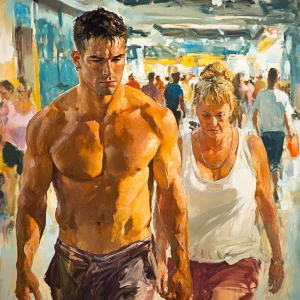 Sharp painting, HD.A man  muscular beefy sweat walking with his...