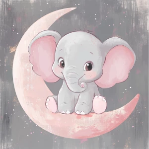 A cute, cartoon elephant sits on a stylized, rosy-pink crescent moon. The elephant is light gray with large, round, pink-spotted ears.  Its body is round and its trunk is curled gently upward.  The elephant's eyes are large and round, and its facial expression is happy and friendly. The elephant's legs and feet are visible, and its posture is relaxed, sitting. The moon is a soft, shaded pink, with watercolor-like texture and subtle shading. The background is a muted gray, resembling a wooden surface. The image is in a child-friendly style, showcasing delicate line work and color palettes. The composition is centered on the elephant, which is positioned on the moon. The overall style is sweet, whimsical, and reminiscent of children's book illustrations.  The colors are pastel and soothing, creating a gentle atmosphere.  Small, light pink polka dots accentuate the elephant's ears and trunk, enhancing the adorable aesthetic.