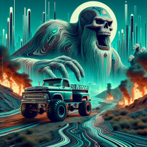 an image of a skull truck featuring in the style of liquid metal...