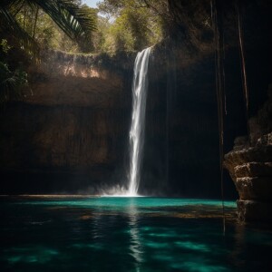 Beautiful waterfall in a cenote, light rays, deep shadows