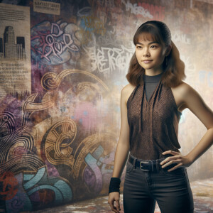 Athletic Thin skinny Attractive, Asian teenage girl, long brown hair and bangs, wearing tight skinny jeans and a halter top paint marks on her clothing, heroic pose Asian graffiti background, backside view