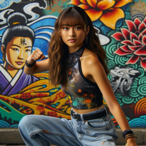 Very thin Athletic Thin skinny Attractive, Asian teenage girl, long brown hair and bangs, wearing tight skinny jeans and a halter top paint marks on her clothing, sitting side view heroic pose Asian graffiti