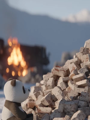 A photorealistic dark fantasy panda covered in heavy rusted chai...