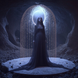 A tall, ethereal woman with liquid silver hair and glowing eyes...