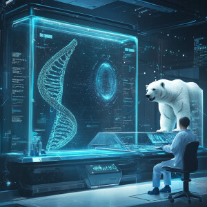 Image is a digital artwork depicting a futuristic laboratory set...