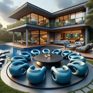 A luxurious modern house with a stylish backyard featuring a cir...