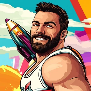 White muscular thin man with beard, big chin, smile and cheekbon...