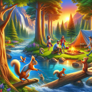 Forest, river, barbecue sunset, squirrels, tent, campfire, fishi...
