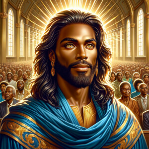 Illustrate an inspiring African-American Jesus crust with a dign...
