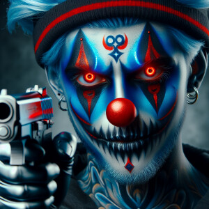 Clown with blue and black  makeup and red glowing eyes"pointing...