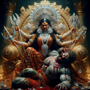 portrait of angry looking goddess durga, sitting on a gold crown and carrying a weak mahishasur on her lap. She is wearing diamond armor, a huge diamond crown, red saree, abundant diamond jewelry, covered in blood. The scene is set in ancient India. The image is 8K resolution, cinematic, ultra detailed face and epic.