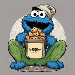 A mischievous cookie monster with a frog hooded sweatshirt