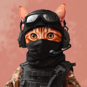 A wide-eyed ginger cat wearing a black tactical balaclava (or ma...