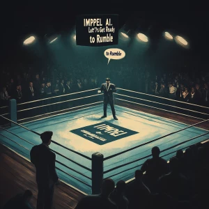 Create an image of an intense boxing ring scene from a high, wid...