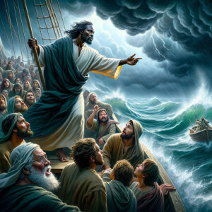 African-American Jesus telling Peter to come walk on the water,...