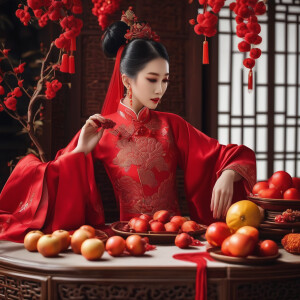 Chinese antique wedding dress，red theme，Beautiful woman with a...