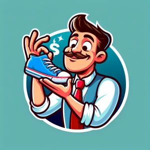 an animated man holding a sneaker, with a fun, playful vibe. The...