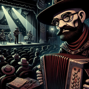 Bald guy with glasses and beard mexican playing Boston acordeon...