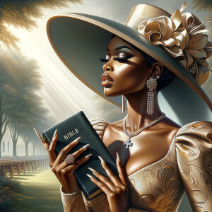 Render an airbrush oil painting of an African American woman with flawless makeup in a
contemplative pose, holding a Bible close to her heart, dressed in an elegant Sunday Best
outfit with a distinctive Church Hat. The background features a peaceful church garden,
with light filtering through the trees, highlighting her spiritual connection and the personal
moment of reflection. The artwork should capture the tranquility of the scene, the beauty
of her attire, and the depth of her contemplation, reflecting a serene and spiritually