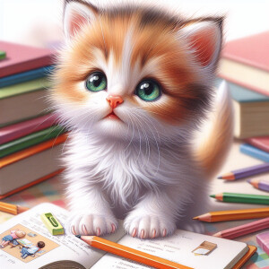 Draw a kitten who likes school