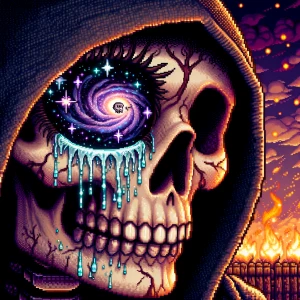 "3D, photorealistic close-up of the Grim Reaper’s face, focused...