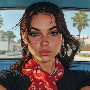 Lucia from GTA, a not pretty girl with brown hair, thick eyebrow...