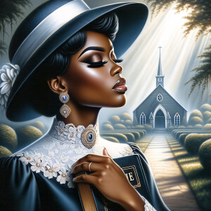 Render an airbrush oil painting of an African American woman with flawless makeup in a
contemplative pose, holding a Bible close to her heart, dressed in an elegant Sunday Best
outfit with a distinctive Church Hat. The background features a peaceful church garden,
with light filtering through the trees, highlighting her spiritual connection and the personal
moment of reflection. The artwork should capture the tranquility of the scene, the beauty
of her attire, and the depth of her contemplation, reflecting a serene and spiritually