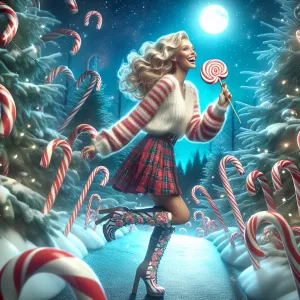 Beautiful blonde woman in Christmas candy cane wonderland! She’s...