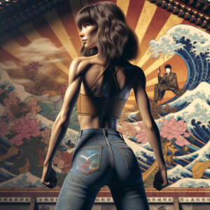 Athletic Thin skinny Attractive, Asian teenage girl, long brown hair and bangs, wearing tight skinny jeans and a halter top paint marks on her clothing, heroic pose Asian graffiti background, backside view