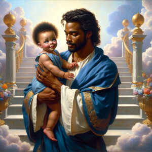 Classical oil painting style depicting an African-American Jesus...