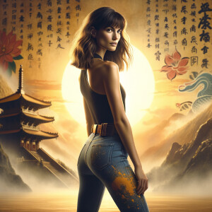 Athletic Thin skinny Attractive, Asian teenage girl, long brown hair and bangs, wearing tight skinny jeans and a halter top paint marks on her clothing, heroic pose Asian graffiti background, backside view