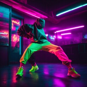 Generate an image of a breakdance wearing neon fluorescent stuff