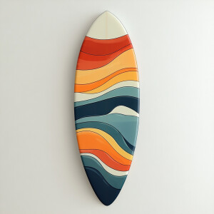 Create an image of an upright surfboard featuring a simplistic w...