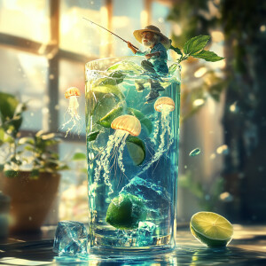 A cinematic photo of a tall glass filled with a crystal-clear, t...