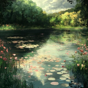 Create an image of an anime-style Monet lake influenced by Pre-R...