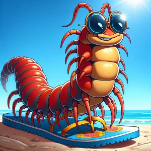 A anthropomorphic centipede wearing designer flip-flops, cartoon...