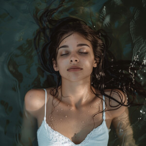 Capture the elegance of a fair-skinned woman with dark long wet...