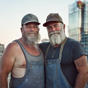Mike and Alex, two master builders in their 50s with sculpted bo...