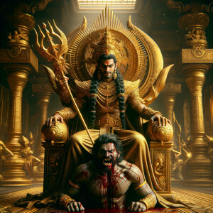 portrait of angry looking tall goddess durga sitting on a gold crown and carrying a weak mahishasur on her lap and stabbing him with her amazingly designed trident. She is wearing gold armor, a huge gold crown, gold saree, abundant  gold jewelry, covered in blood. The scene is set in ancient India. The image is 8K resolution, cinematic, ultra detailed face and epic.