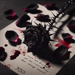 Black rose with thorns on the stem strewn across a stage, petals...