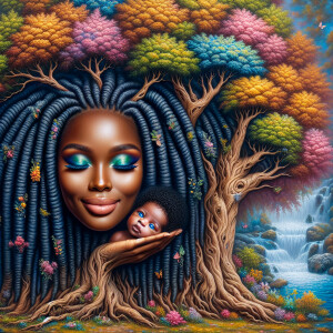 Create a close-up, hyper-realistic 3-D oil painting of a tree wi...